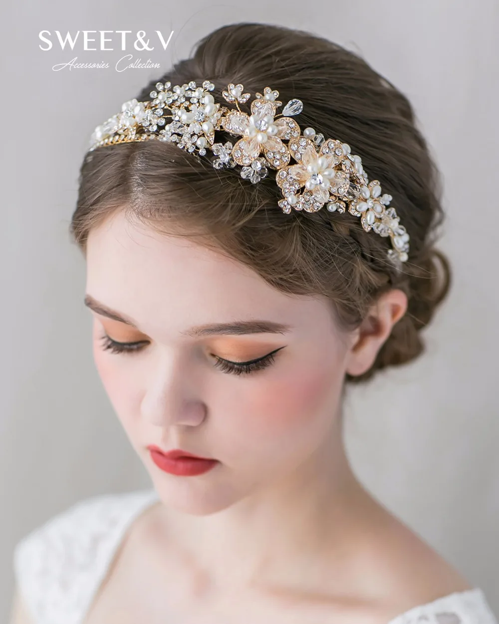 Stunning Gold Headband Tiara Handmade Pearl Rhinestone Hairband