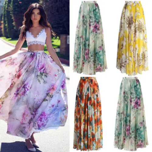 Женская шифоновая юбка макси с цветочным рисунком, Женская длинная юбка с высокой талией для вечеринки, летняя пляжная одежда, женская одежда