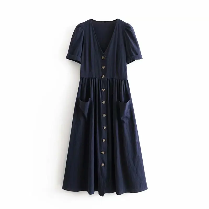 

QZ147 Women Brief Design Navy Blue Color V Neck Slim Waist Double Pockets Midi Dress Casual Mid Long Dresses