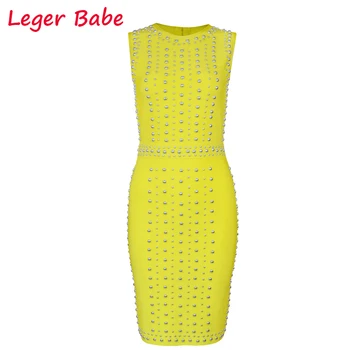 

Summer New Design Bandage Dress Sleeveless Women Celebrity Party Vestidos Beaded Slim Empire Knee-Length Dresses