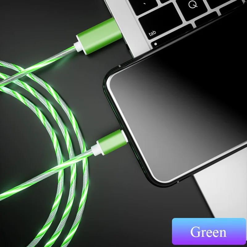 Flowing LED Glow Data USB Cable Charger Type C/Micro USB/8 Pin Charging Cable for iPhone X Samsung Galaxy S9 S8 Charge Wire Cord - Тип штекера: Green