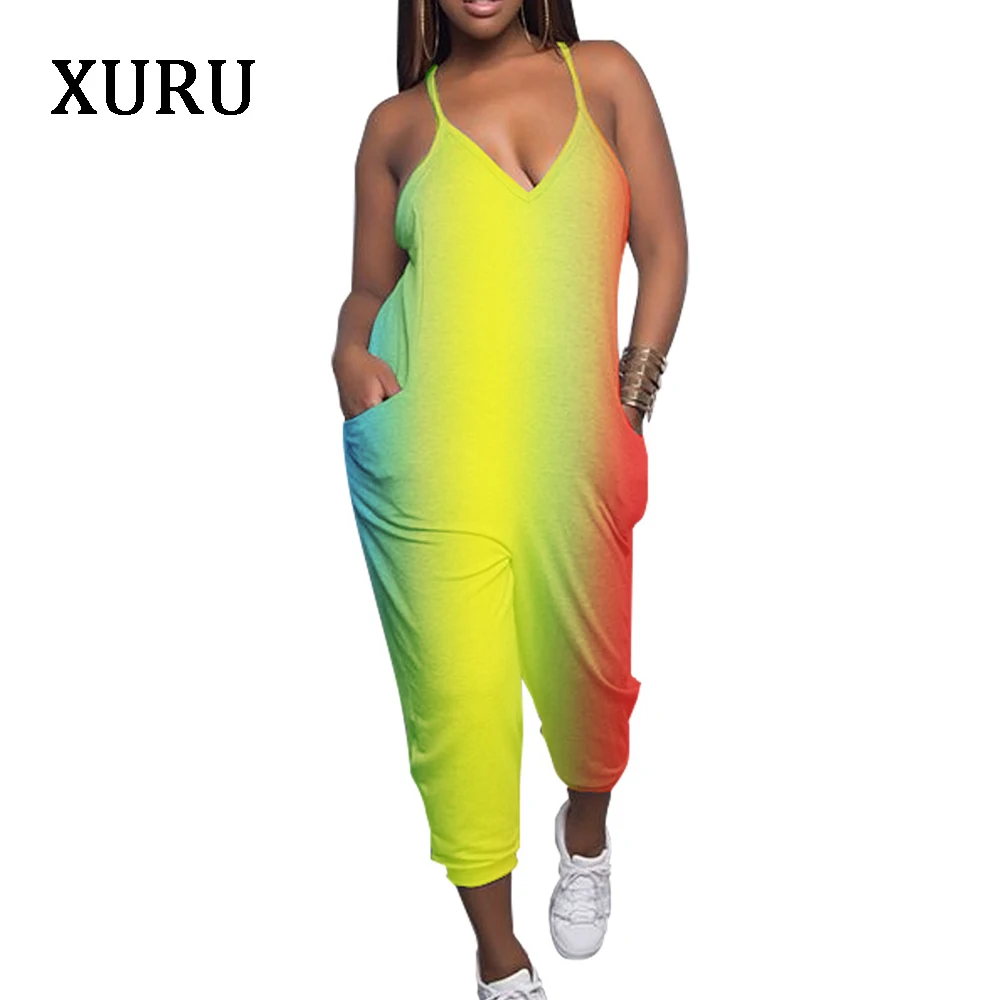 XURU Women Strap Sexy Jumpsuits 3/4 Pants Rompers Rainbow Print Sleeveless V Neck Pockets Jumpsuit Woman Comfortable Overalls Jumpsuits and Playsuits