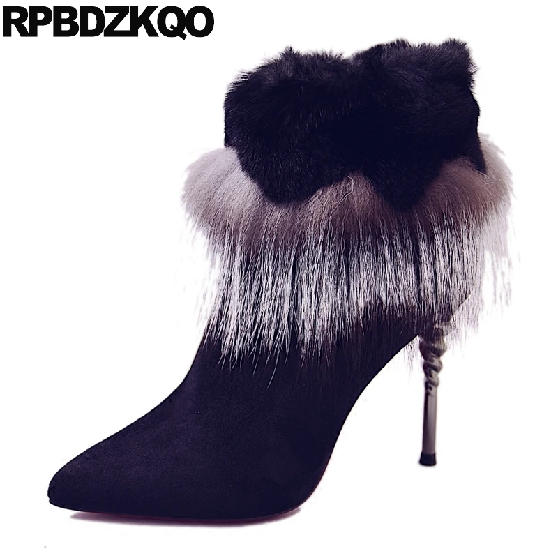 

High Heel Fur Pointed Toe Short Booties New Winter Black Ankle Suede Stiletto Shoes Fox Metal Boots Fashion 2017 Chinese Ladies
