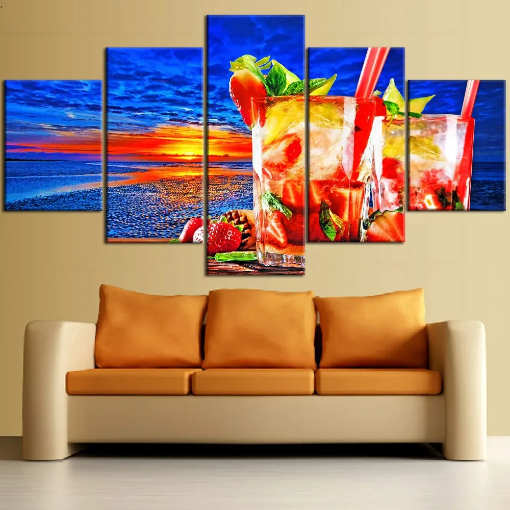 

5 Pieces Framework HD Printing Painting Abstract Food Colorful Cocktail And Sea Sunset Landscape Type Poster Home Decor Bedroom
