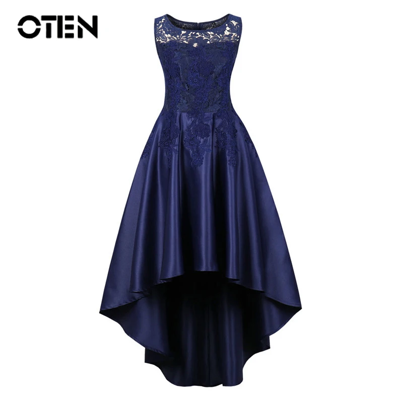 

OTEN Elegant Ladies Hollow Out vestido Women Summer Lace Patchwork Sleeveless Irregular High Low Navy Blue Evening Party dress