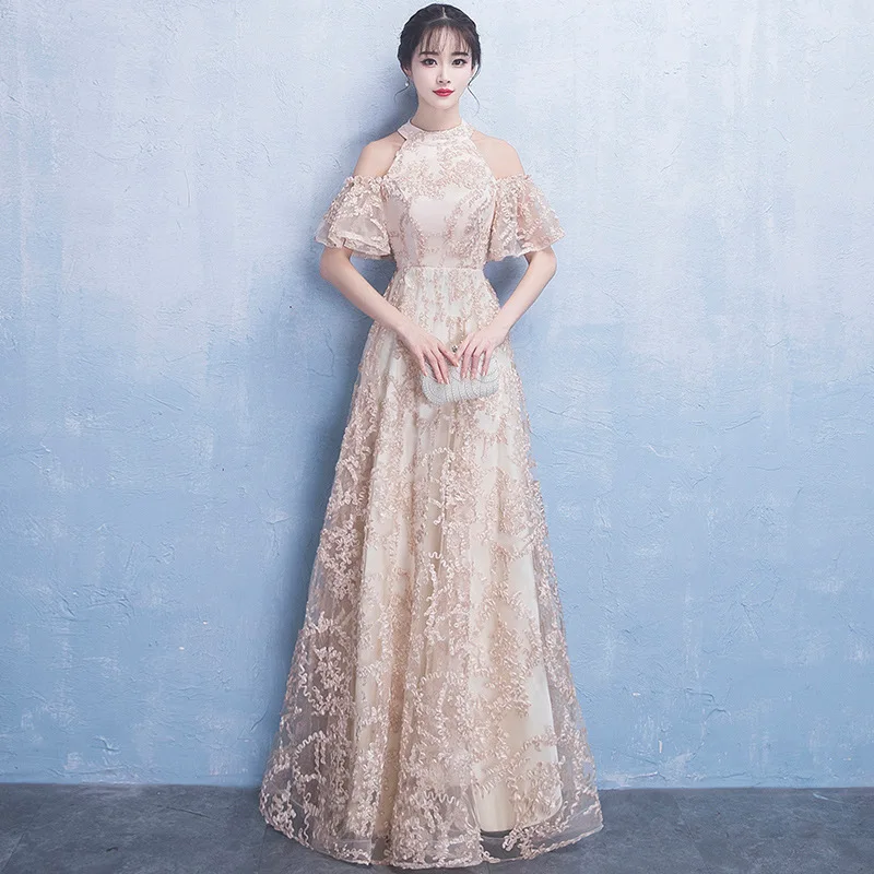 

Champagne Chinese Dress Qipao Ladies Floor-Length Evening Gown Dresses Vintage Cheongsam Women Bride Cheongsam Modern Dress