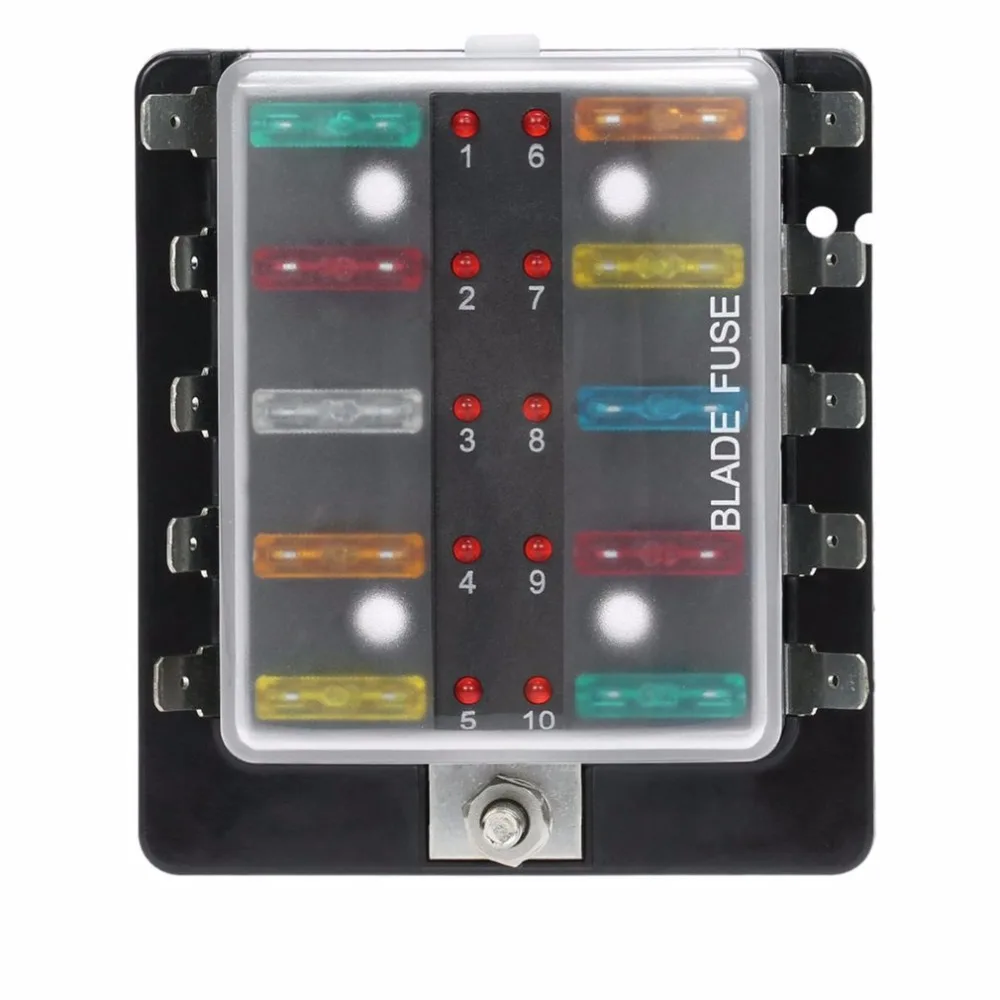 Professional 10 Way Blade Fuse Box Holder with 10 Blade Fuses with LED