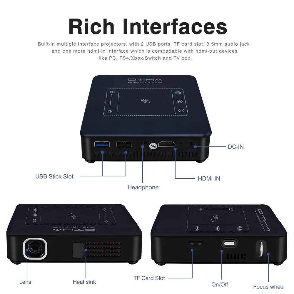 OTHA DLP Video Projector, Mini Projectors Android 7.1 & 2GB RAM Portable Home Theater 4K Playback 200 ANSI Lumens LED Projector OTHA DLP Video Projector, Mini Projectors Android 7.1 & 2GB RAM Portable Home Theater 4K Playback 200 ANSI Lumens LED Projector