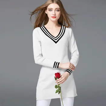 

Europe New Autumn Spring Womens Fashion Slim Sexy V-Neck Striped Cotton Soft Long Knitted Sweater Female Casual Bodycon Pullover