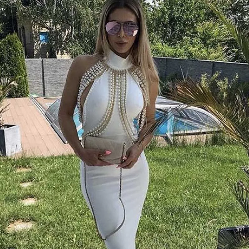 

Wholesale new style dress Black and white beige pearl Backless fashion luxurious Celebrity Party bandage Dress(H2446)