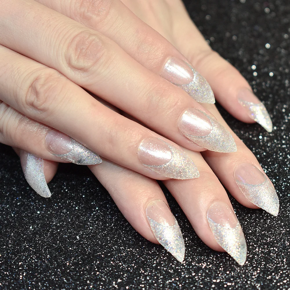 24pcs Shimmer Glitter Acrylic Fake Nails Clear Medium Point Head