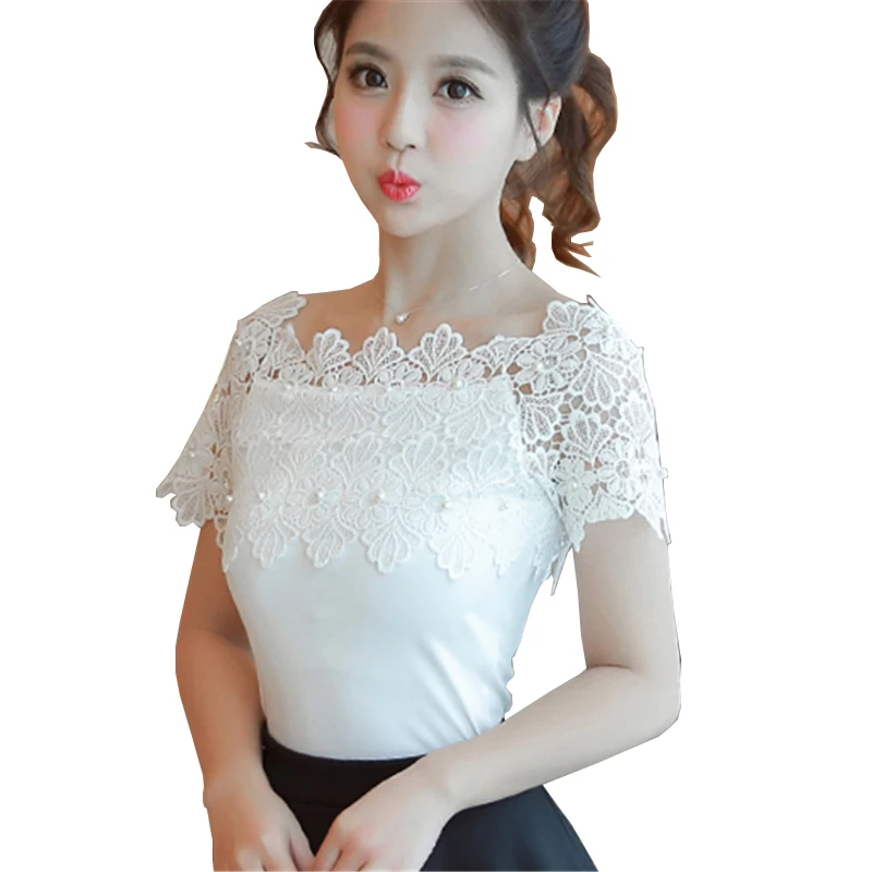 Women Lace Short Petal Sleeve Chiffon Blouse 2017 Summer Slash Neck