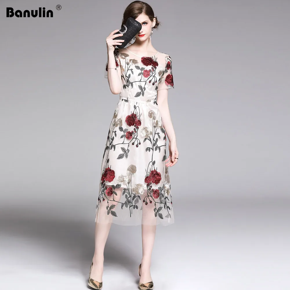 

2019 Summer Women Floral Embroidery Knee-Length Dress Sheer Mesh Vintage Boho A-line See-through Apricot Elegant Vestido
