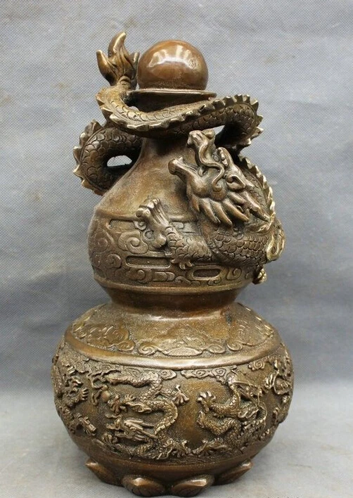 

13" Chinese Bronze Copper Folk FengShui Dragon Gourd Cucurbit Statue Sculpture