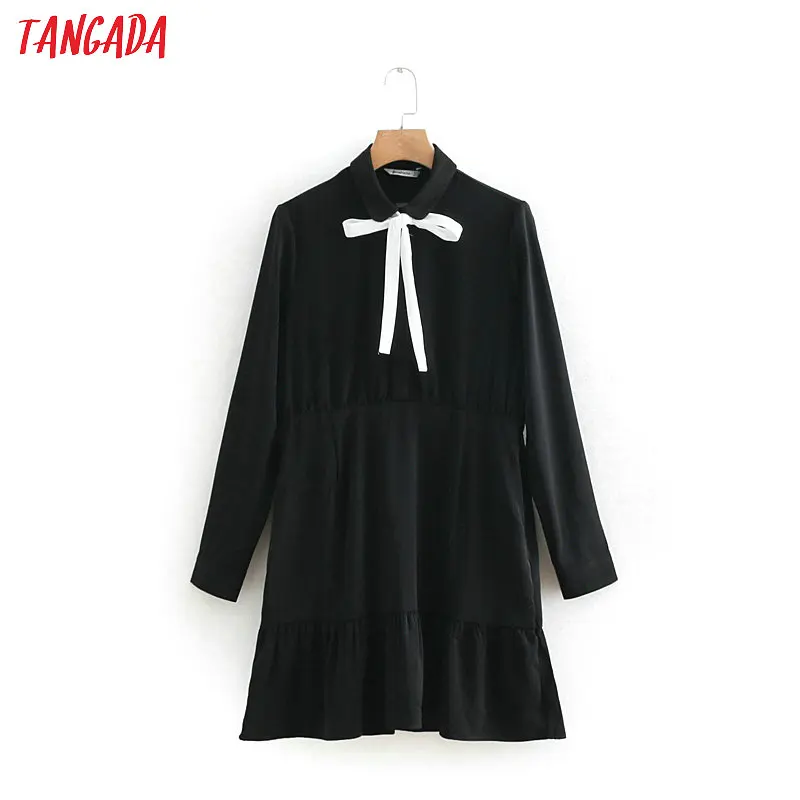 

Tangada women elegant black shirt dress vintage bow tie sweet long sleeve fashion 2019 ladies spring pleated dress 2W49