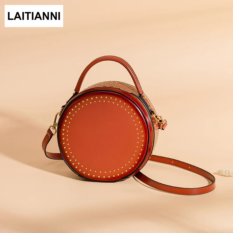 

Rivet Round Bags Female Natural Leather Crossbody Bags Double Zip Women Mini Bags Luxury European Retro Style Messenger Bags