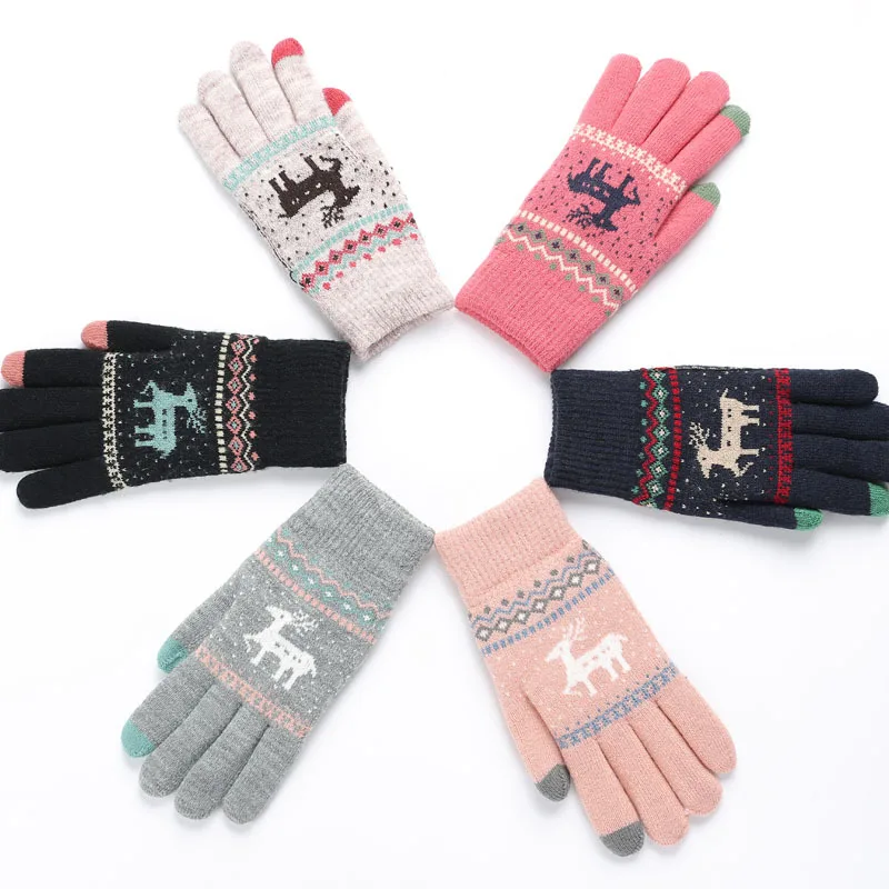 Милые вязаные перчатки с оленем, оленем, зимние перчатки с полным пальцем, варежки с сенсорным экраном для женщин, женские перчатки для девочек, рождественский подарок