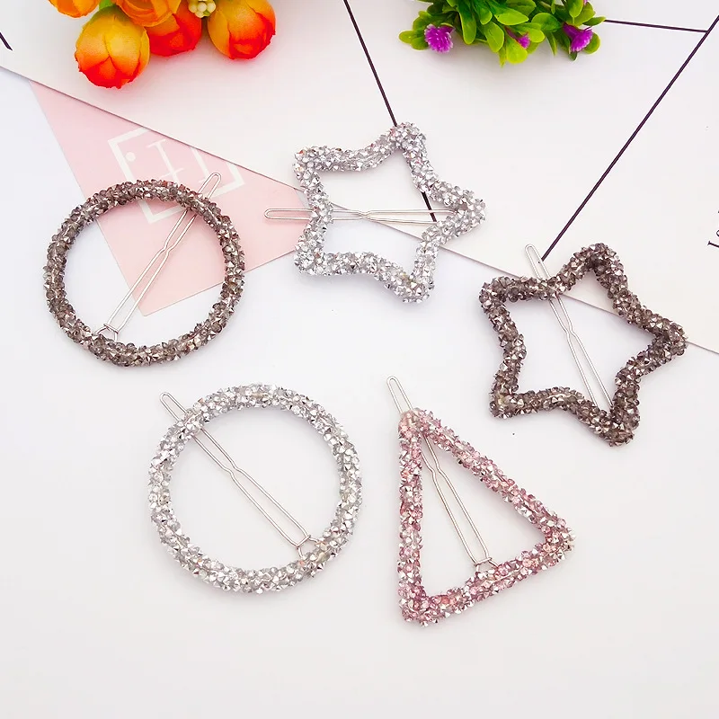 

Crystal Star Triangle Round Shape Hair Clips Rhinestones Geometry Hairpin Barrettes Hair Styling Accessories