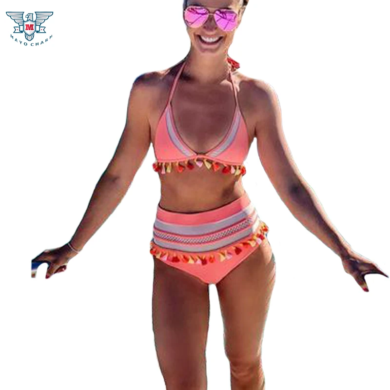 Бикини с высокой талией Женские однотонные купальники Maillot De Bain сетчатый