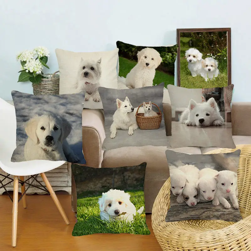 XUNYU Lovely White Dog Throw Pillow Case Sofa Bed Cushion Cover Home