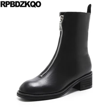 Осенне-зимняя Роскошная обувь черного цвета на молнии с круглым носком; модель года; короткие женские ботинки из натуральной кожи на среднем каблуке; большой размер 10