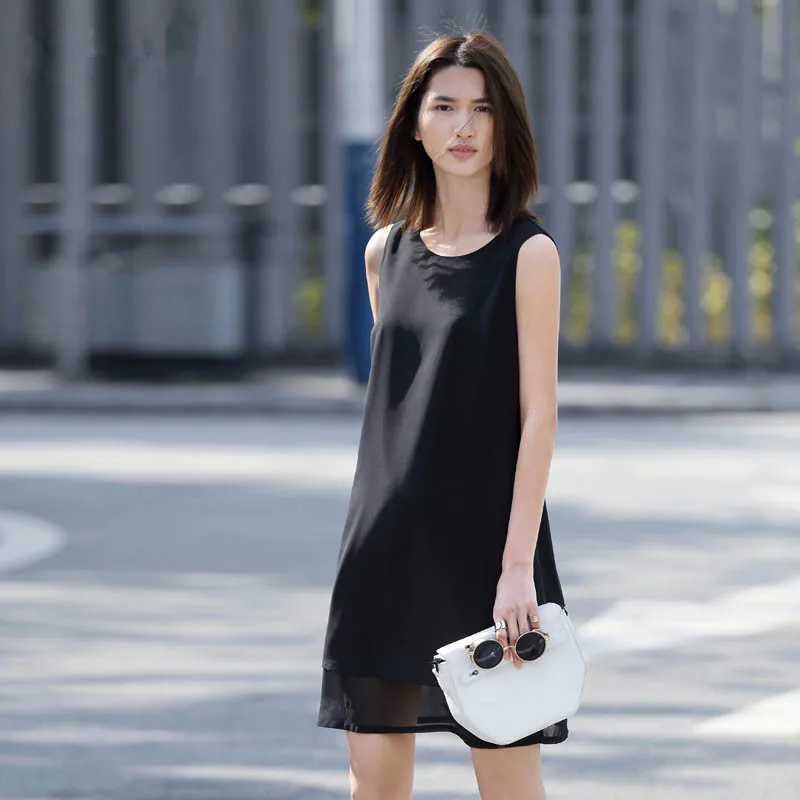 

Customize simple style new summer Sleeveless O-neck doulbe layer Chiffon Tank Dress casual slim dresses