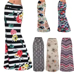 Женский европейский стиль плюс размер длина пола макси юбка цветочный полосатый Bodycon пляжная юбка повседневные длинные юбки