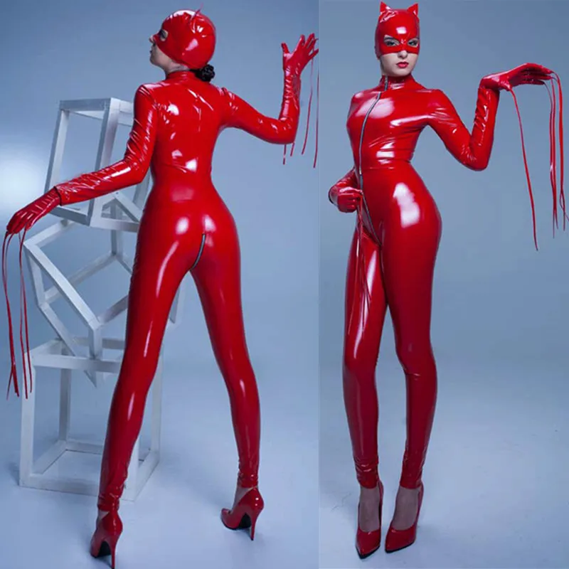 

Sexy Hot Female Faux Leather Bodysuit Catwoman Costume Wetlook Crotch Zipper Catsuit Stretch PVC Latex Jumpsuit Clubwear Costume