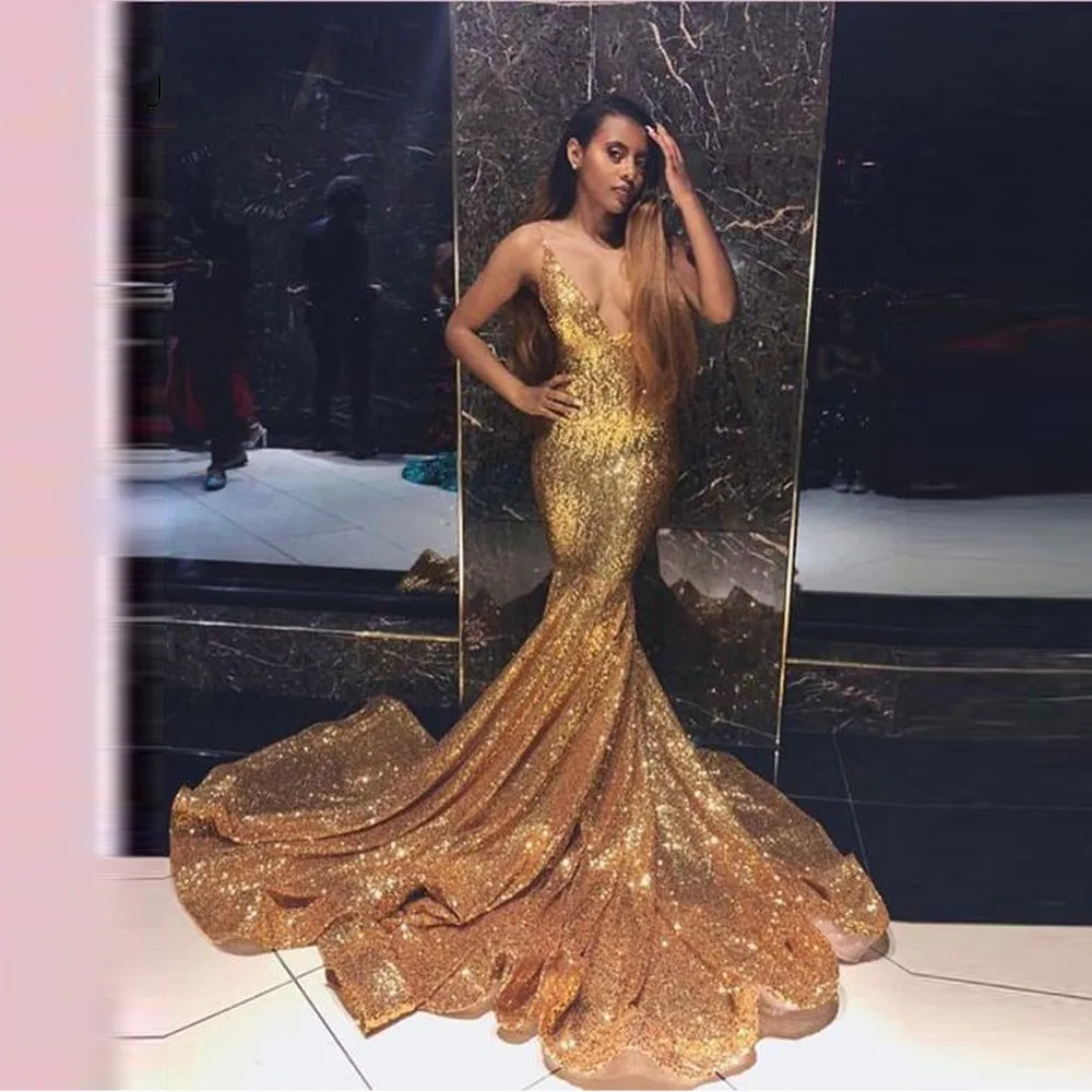 

Sparkle Gold Sequined Mermaid Prom Dresses 2019 Sexy Deep V-neck Backless Long Formal Evening Gowns Plus Size Robe de soriee
