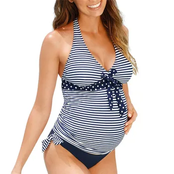 

Plus Size Maternity Swimwear Women Tankinis Stripe Dot Print Bikinis Bandage Swimsuit Beachwear Pregnant Suit