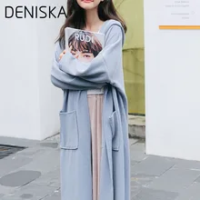 

DENISKA 2018 Girl Casual Long Knitted Cardigan Autumn Korean Women Loose Solid Color Big Pocket Design New Sweat