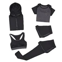 gray Женские комплекты спортивной одежды из 5 предметов, пальто+ футболка+ бюстгальтер+ шорты+ штаны, дышащие для фитнеса и спортзала, женская одежда для улицы, 8036 - Цвет: gray