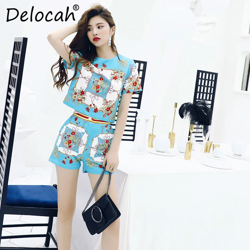 

Delocah Spring Summer Women Set Runway Fashion Designer Short Sleeve Flower Printed Elegant Slim Modern Short Pants Ladys Suits