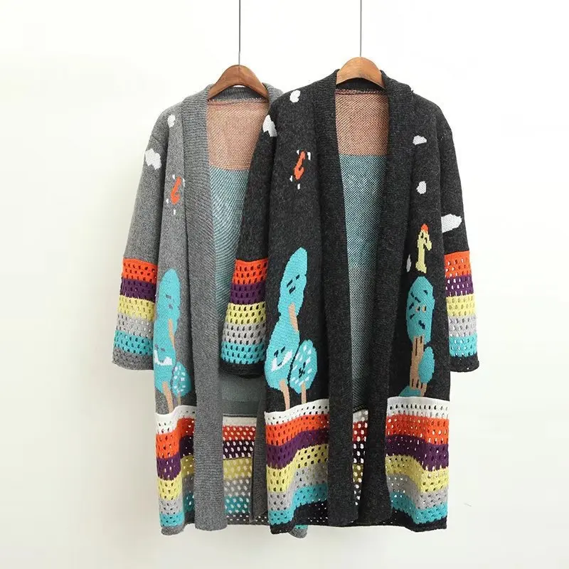 2019 New Women Colorful Hollow Jacquard Contrast Color Sweater Cardigan Coat Female Loose Thicken Long Sleeve Autumn Winter Tide 2019 New Women Colorful Hollow Jacquard Contrast Color Sweater Cardigan Coat Female Loose Thicken Long Sleeve Autumn Winter Tide
