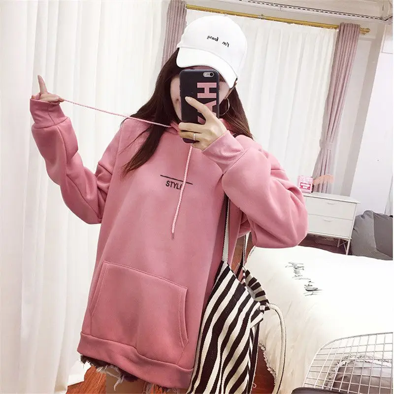

Velvet Warm Autumn Pullover Pink Fashion Tops Female Autumn Letter Print Casual Long Sleeve Women Hooded Sweatshirts