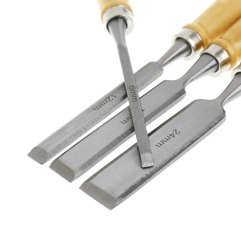 4Pcs/set 6/12/18/24mm Wood Flat Chisel DIY Carving Set Woodworking Handle Tool