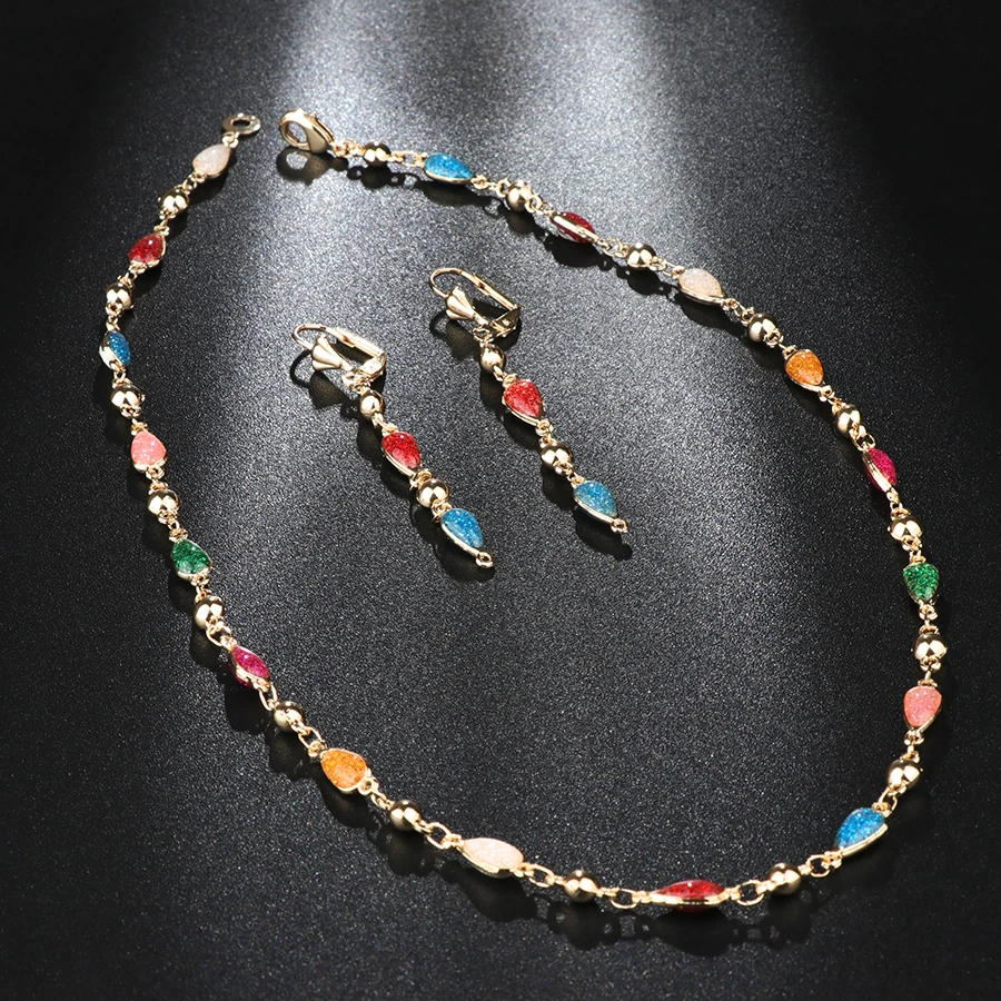 Kinel Colorful Enamel Woman Jewelry Set Fashion Dubai Gold Drop Earrings Necklace Bracelet Vintage Wedding Jewelry Wholesale - Image 2