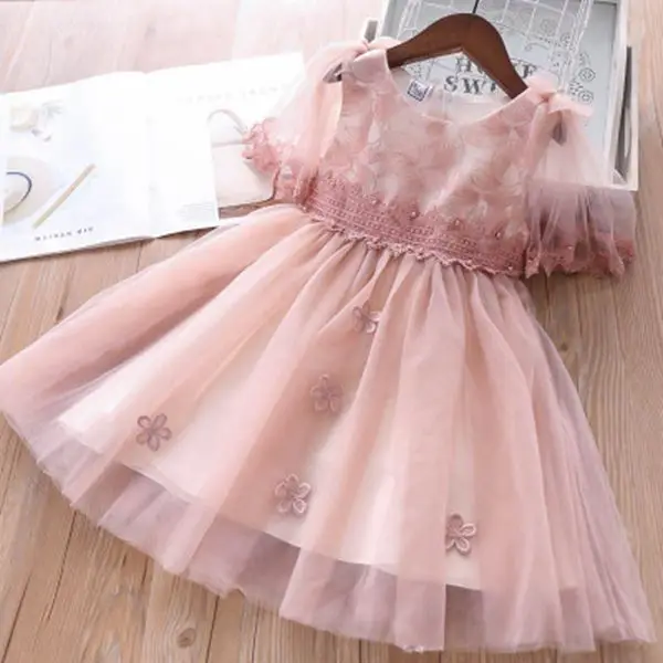 

Roimyal Wholesale 2019 summer new 2 color girl Pearl lace flower pattern dress toddler kids beautiful gauze princess dress