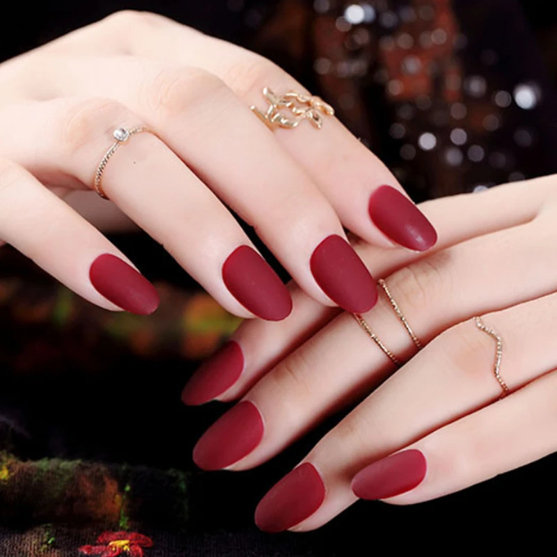 picture Short Matte Red Acrylic Nails 24pcs oval fake nails matte rounded artificia plastic finger nails fake red short false nail tips clear nep nagels