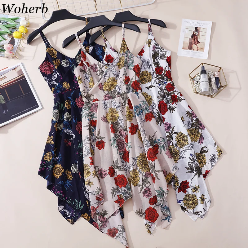 

Woherb 2019 Summer Beach Dress Women Vintage Flower Print Asymmetrical Chiffon Dress Sexy V-neck Spaghetti Strap Dresses 21575