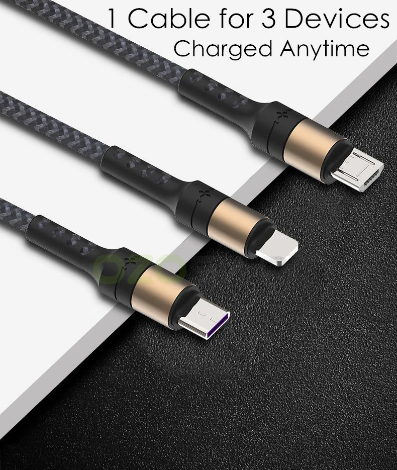 5A USB Cable 3 in 1 Fast Charging Fabric Braide Type C Micro USB Charger Cable Black Gold Wire Cord for Huawei Mate 20 P20 Pro