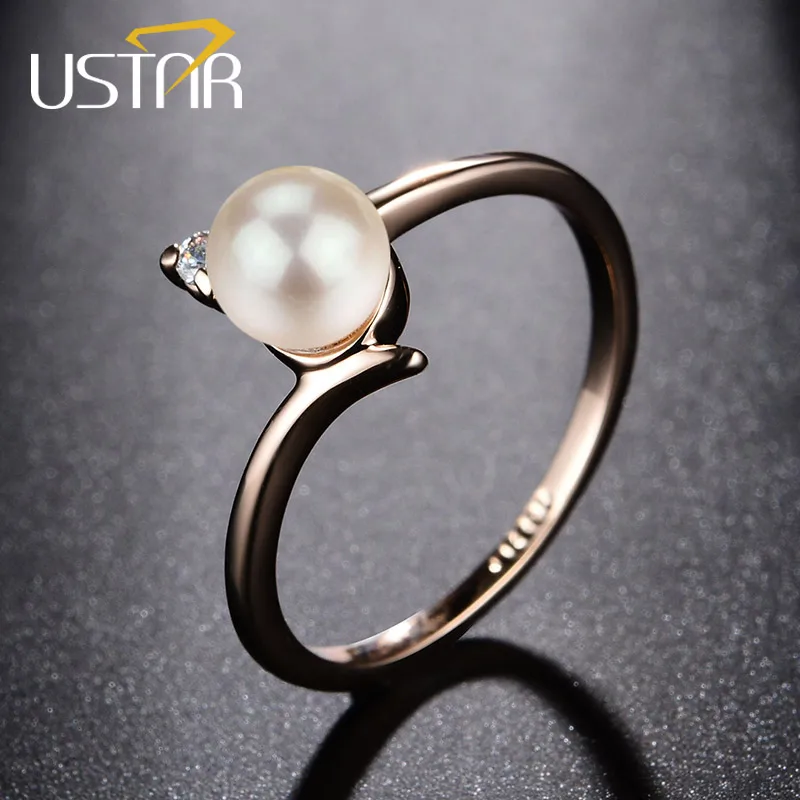 USTAR, женские свадебные кольца с жемчугом, ювелирные изделия с AAA кубическим цирконием, розовое золото, цвет кристалл, женские кольца для помолвки Anel