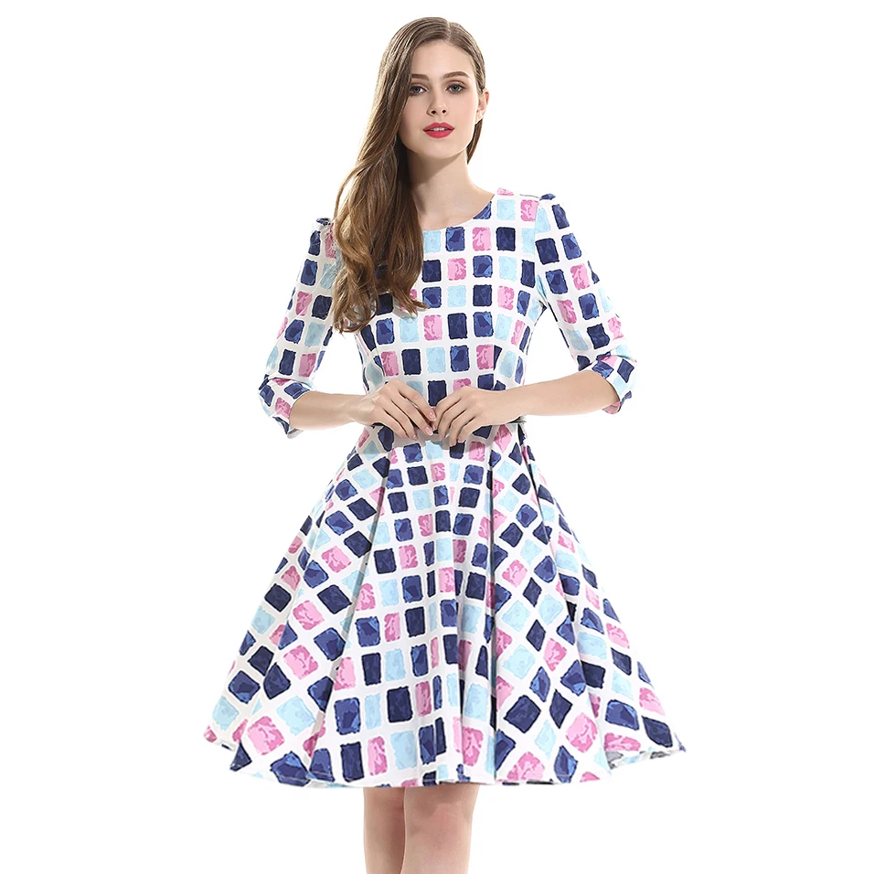 Women Office Dress New 2017 Vintage Swing Gem Printed Fashion Dresses Party/Casual 3/4 Sleeve Plus Size 3XL 4XL vestido de festa