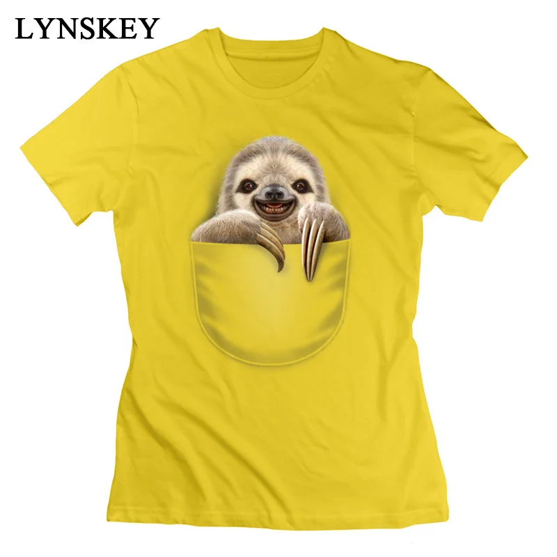 LYNSKEY T-Shirt Short Sleeve Funny Funky POCKET SLOTH O Neck 100% Cotton Student Summer Fall Tops Shirts Funny Clothing Shirt white
