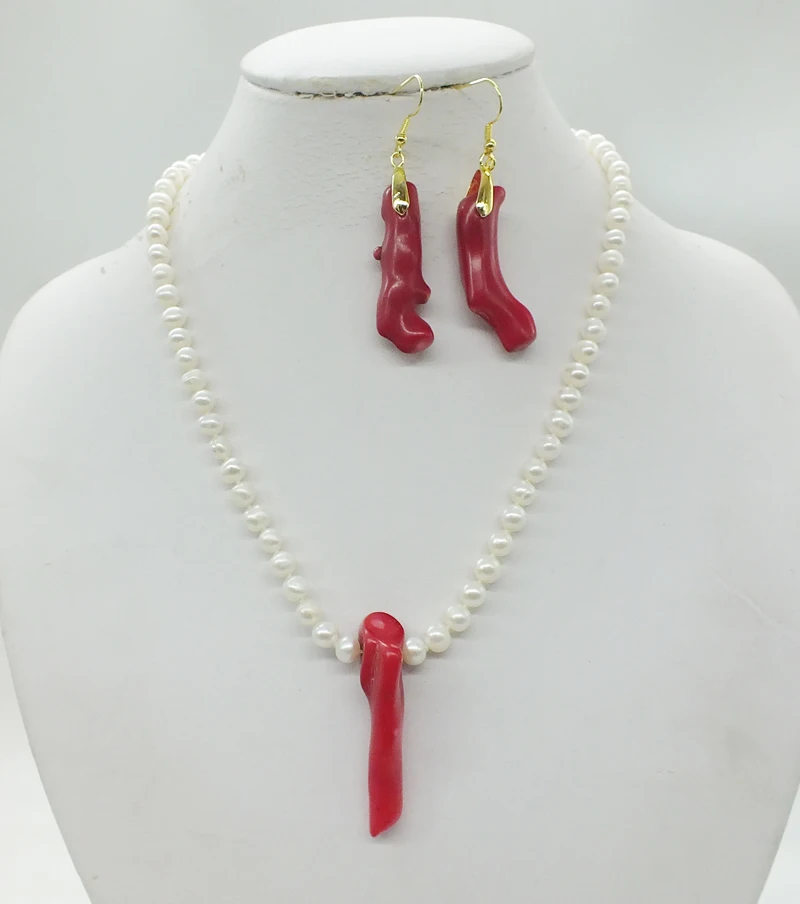 Bridal wedding necklace. White 6MM natural pearl and red natural coral pendant, earrings