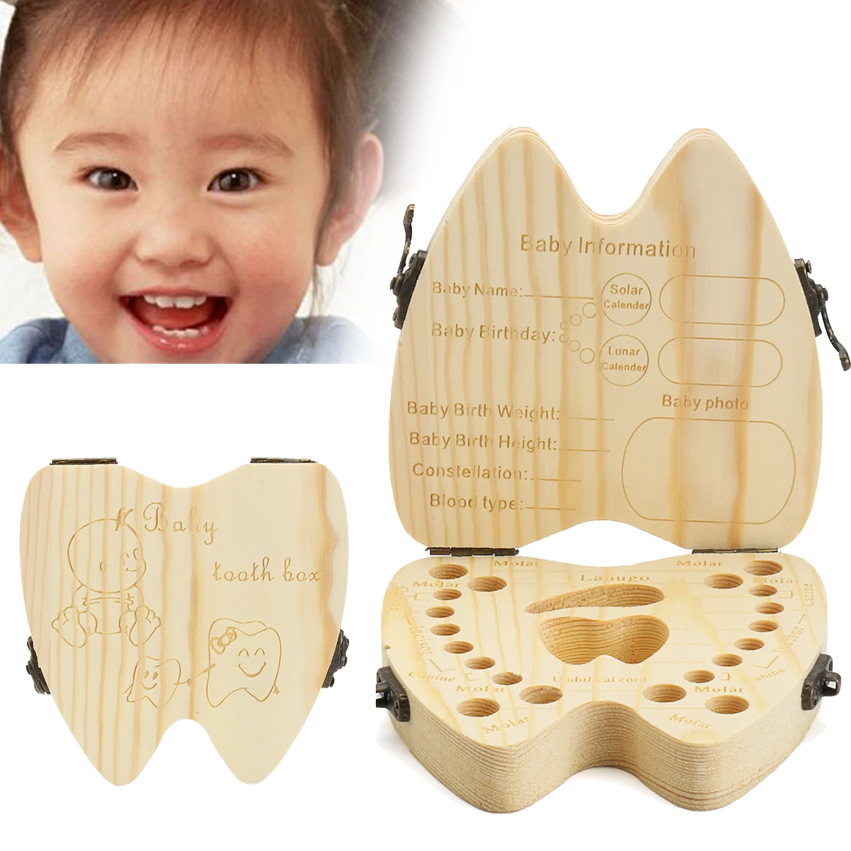 

1 PCS Wooden Baby Girl Boy Milk Teeth Save Storage Box Wood Tooth Organizer Tooth Holder Teeth Shape Collecting Case
