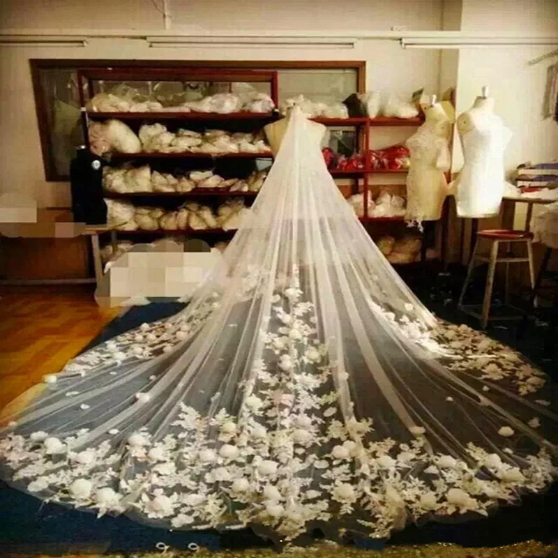 

Wedding Veil Luxury Full Flowers 2017 Bridal accessories Long 3 Meters Lace Applique Cathedral casamento veils