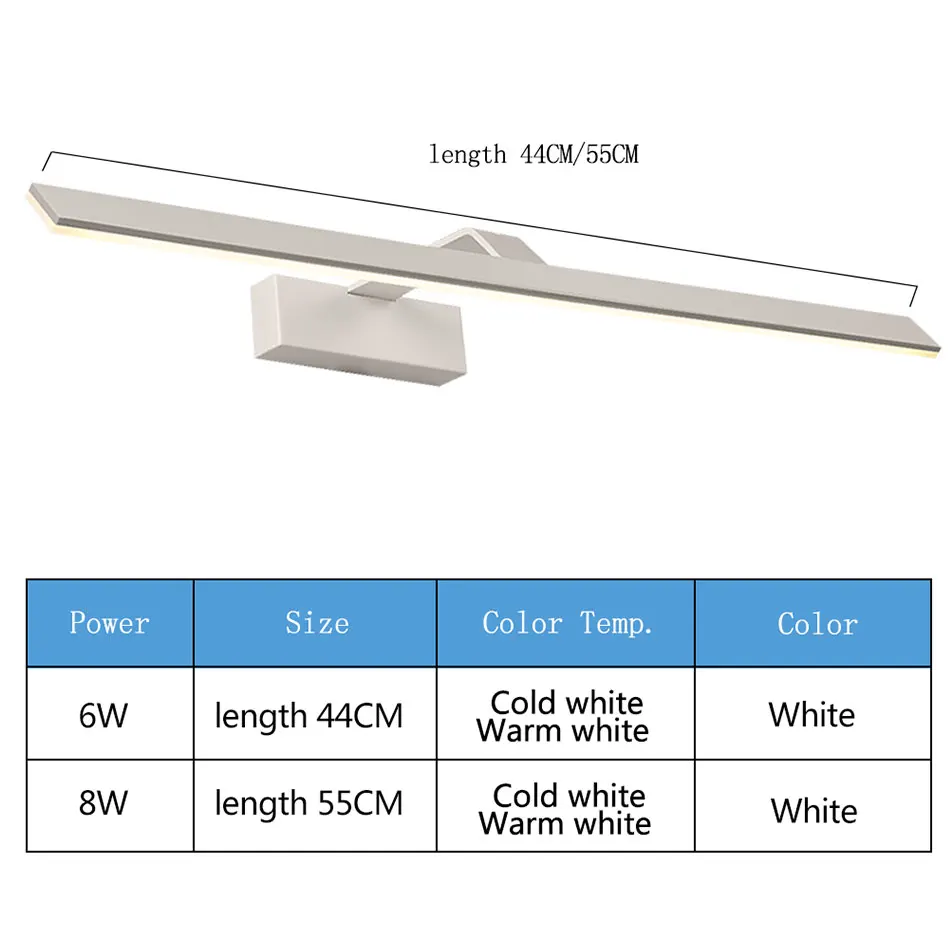 Современный светодиодный светильник с зеркалом, настенный светильник для ванной комнаты, водонепроницаемый светильник, настенный светильник 8 Вт 55 см из нержавеющей стали, светильник для туалетного столика