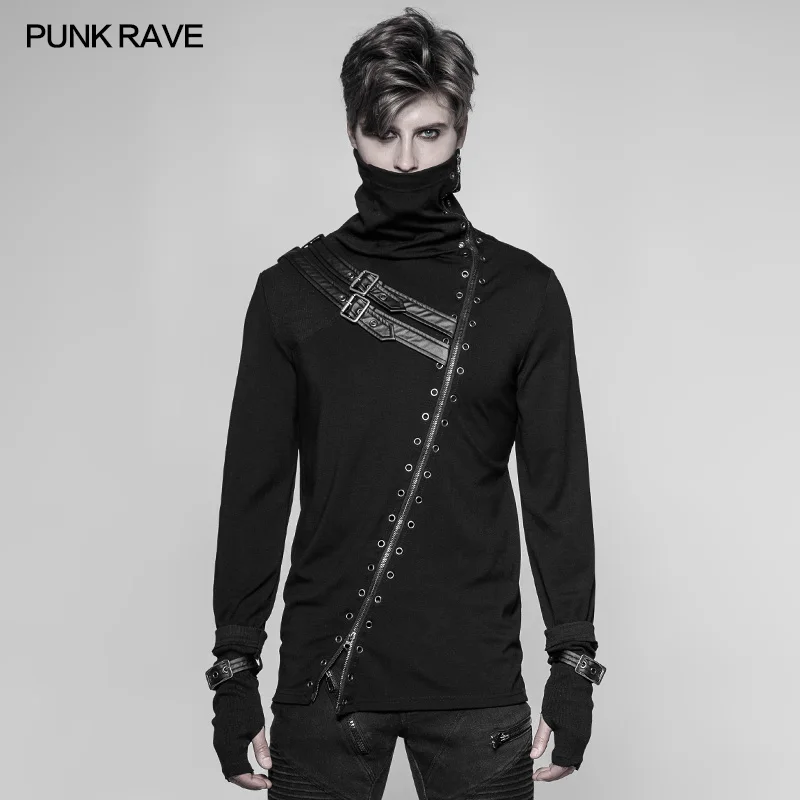 Punk Rave Rock Black Fashion Casual Gothic Steampunk Long Zipper Turtleneck Men's T-shirt WT527