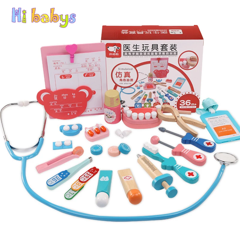

20Pcs Wooden Doctor Set Children Toy Medical Kit Portable Suitcase Medical Set Kids Pretend Play Doctor Toy Simulation Medicine